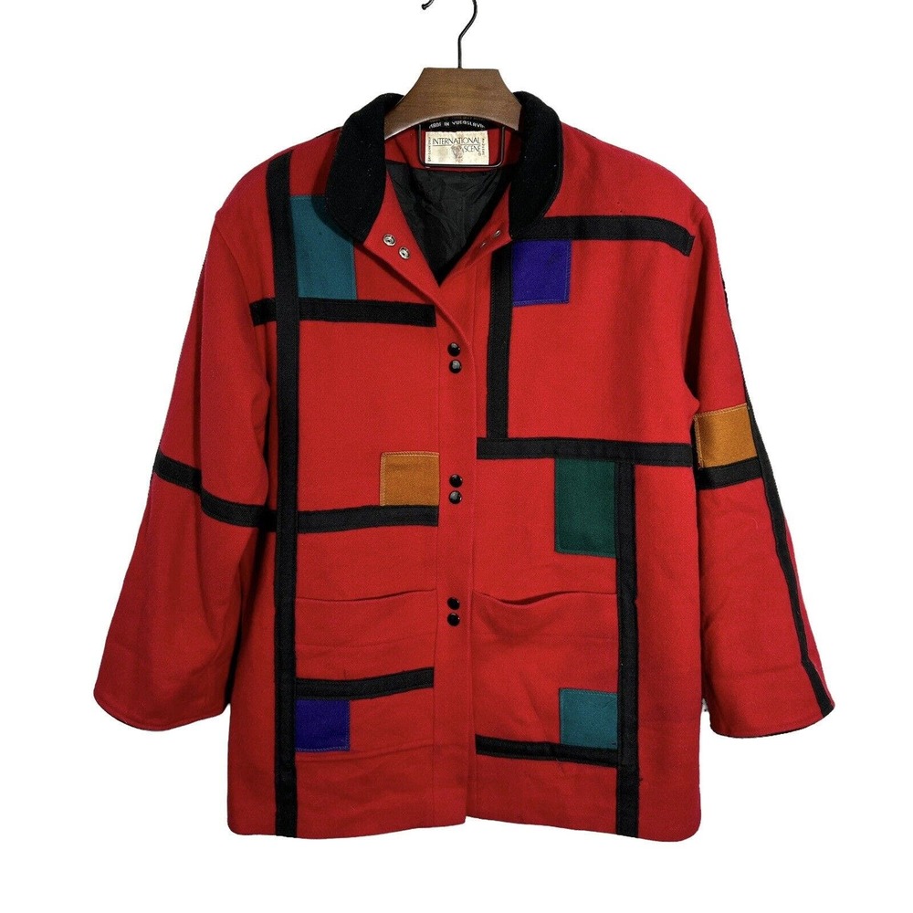 International‎ Scene Wool Colorblock Coat Patch Jacket Vintage 1980s